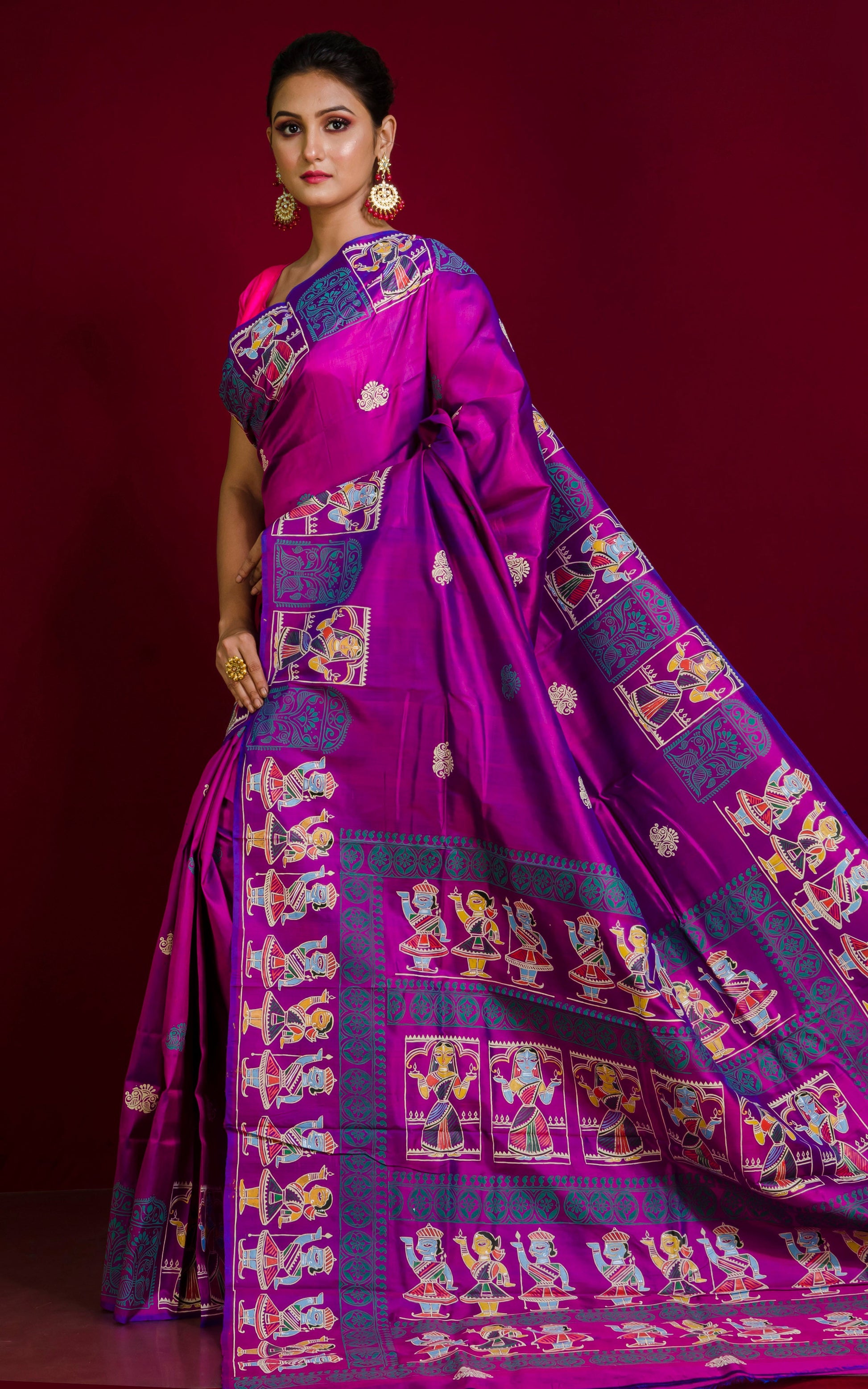 Patachitra Hand Fabric Art on Soft Bishnupuri Katan Silk Saree in Dual Tone Magenta