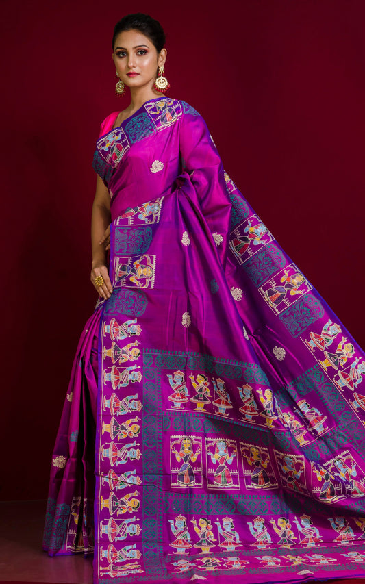 Patachitra Hand Fabric Art on Soft Bishnupuri Katan Silk Saree in Dual Tone Magenta