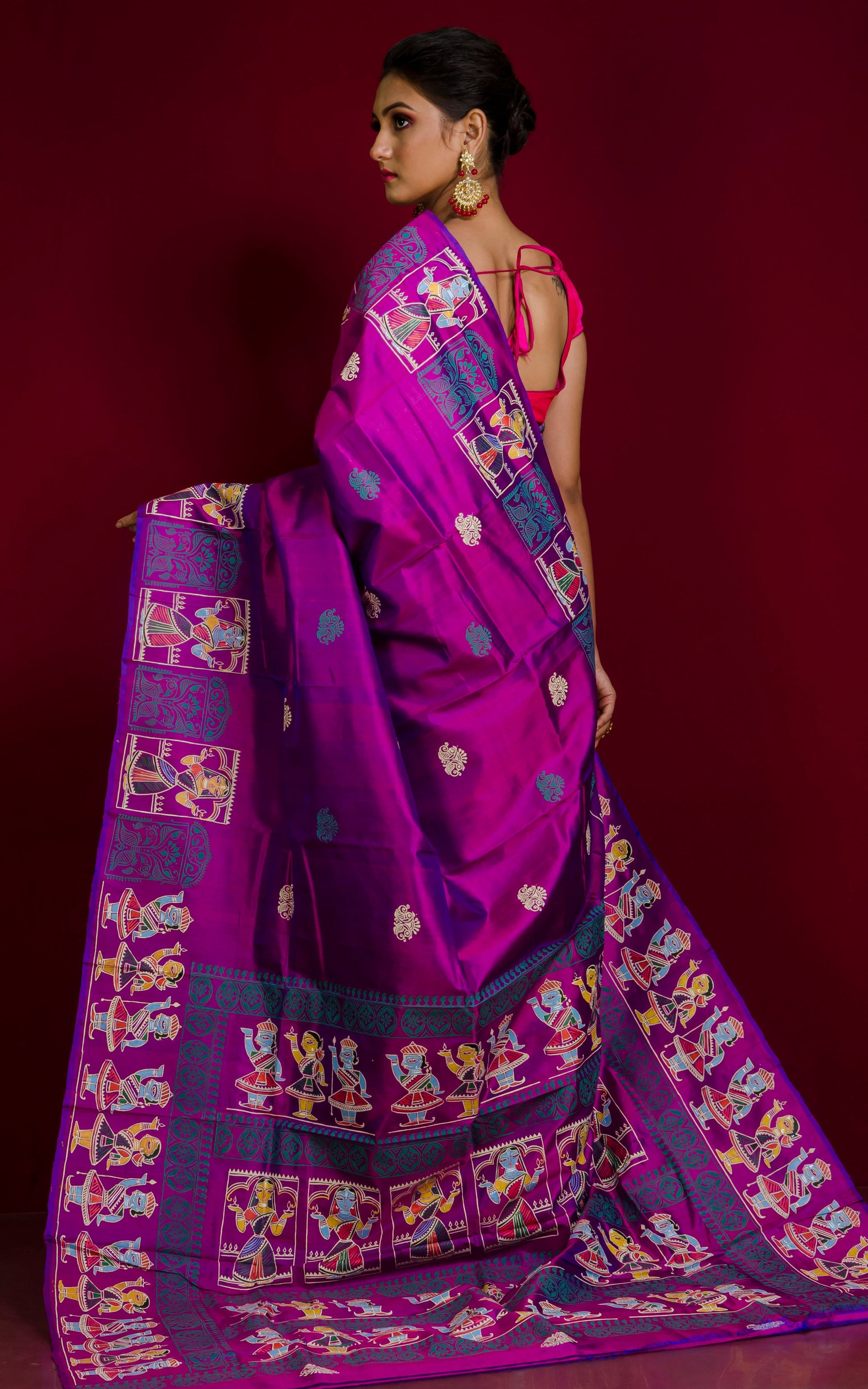 Patachitra Hand Fabric Art on Soft Bishnupuri Katan Silk Saree in Dual Tone Magenta