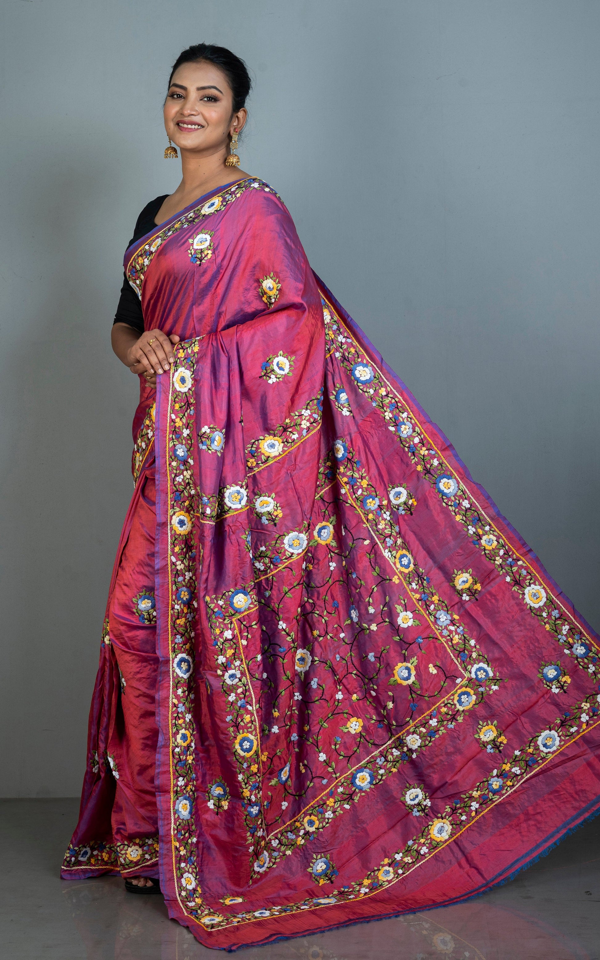 Parsi Hand Work on Soft Bishnupuri Katan Silk Saree in Liseran Purple and Multicolored