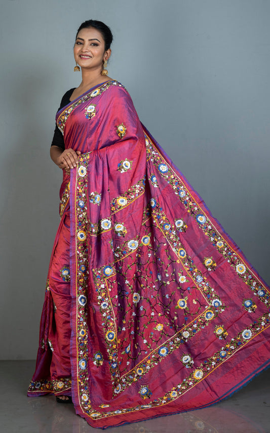 Parsi Hand Work on Soft Bishnupuri Katan Silk Saree in Liseran Purple and Multicolored