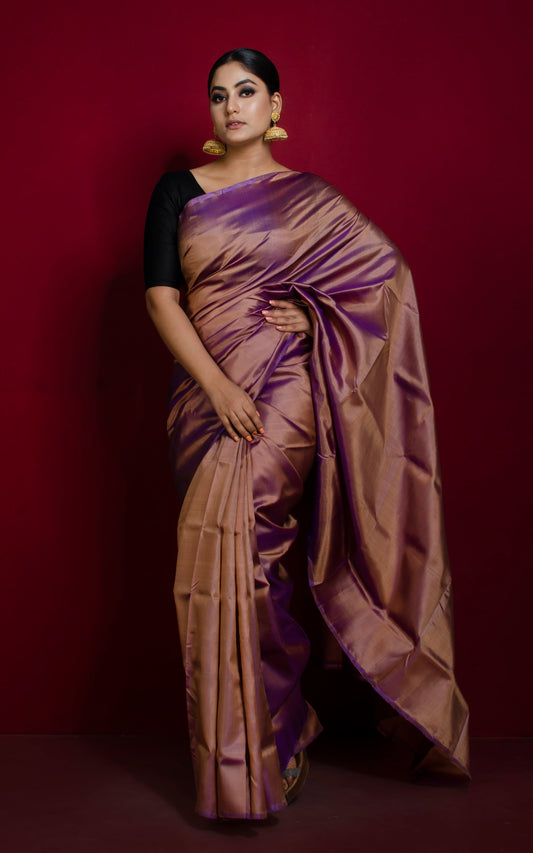 Soft Woven Bishnupuri Dual Tone Katan Silk Saree in Rose Gold and Purple