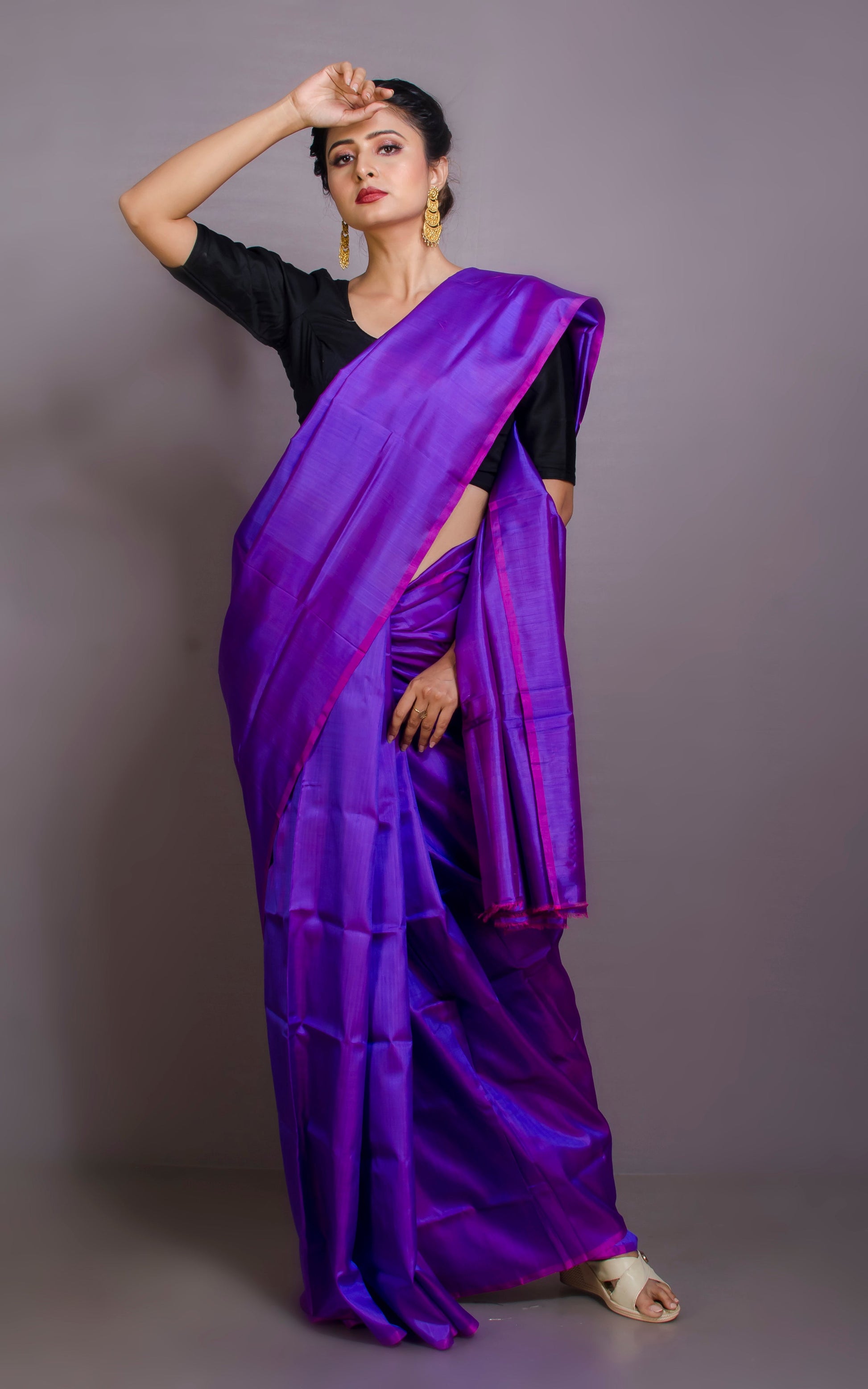 Soft Woven Bishnupuri Katan Silk Saree in Dual Tone Purple
