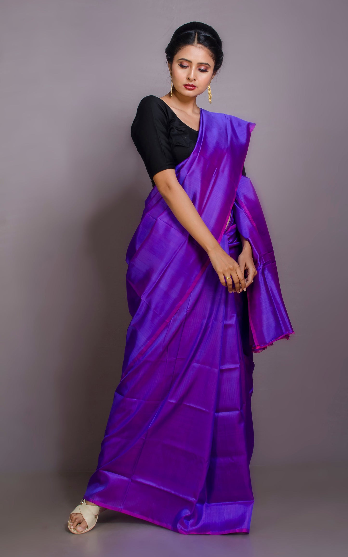 Soft Woven Bishnupuri Katan Silk Saree in Dual Tone Purple