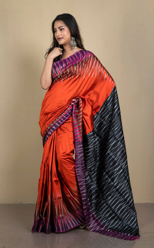 Bishnupuri Double Ikkat Pure Silk Saree in Orange and Multicolored