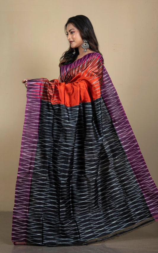 Bishnupuri Double Ikkat Pure Silk Saree in Orange and Multicolored