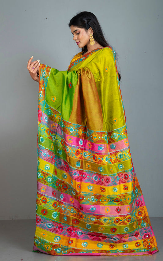 Lambani Hand Work on Soft Bishnupuri 3D Katan Silk Saree in Lime Yellow, Pale Red, Natural Green and Multicolored