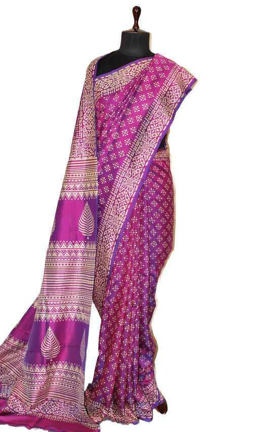 Hand Block Printed Bishnupuri Pure Silk Saree in Purple and Light Beige