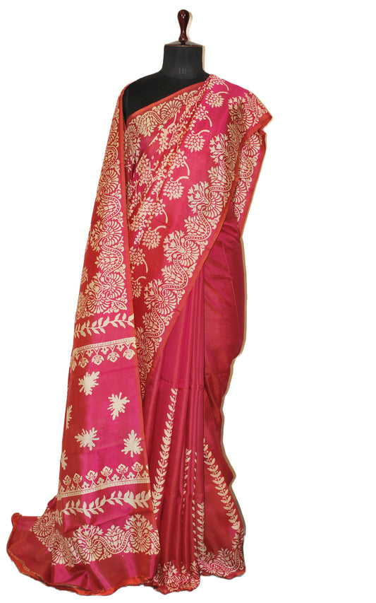 Hand Block Printed Bishnupuri Pure Silk Saree in Raspberry and Off White