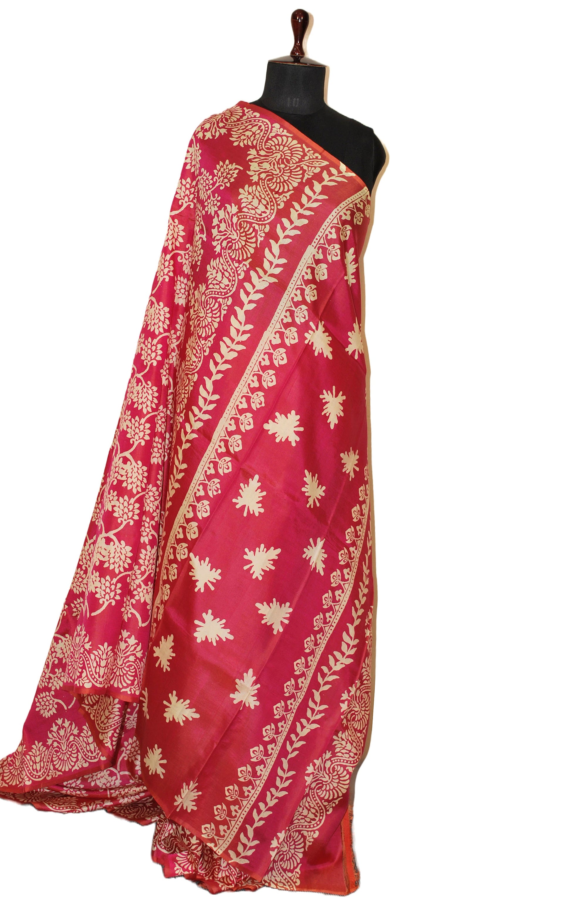 Hand Block Printed Bishnupuri Pure Silk Saree in Raspberry and Off White