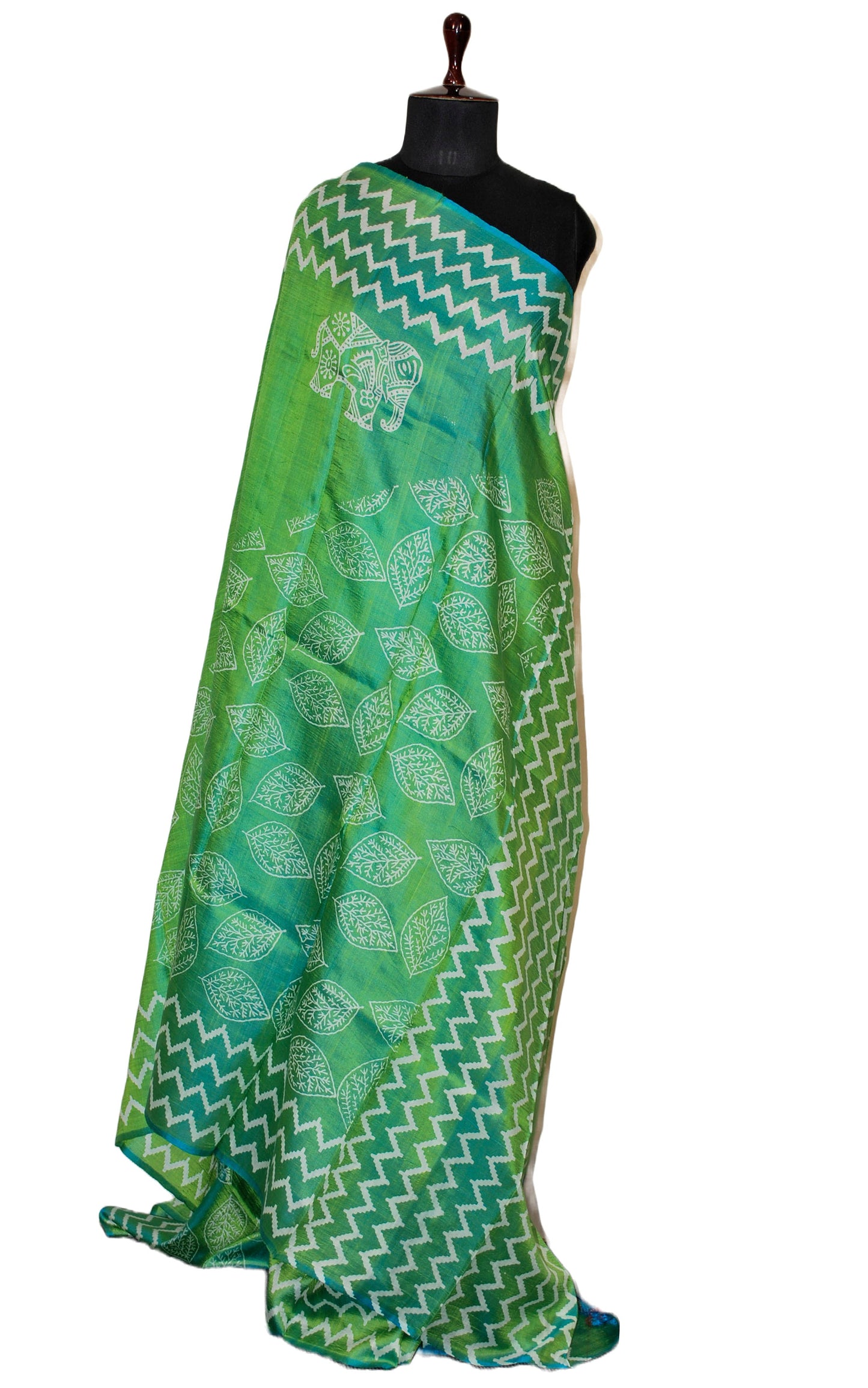 Hand Block Printed Bishnupuri Pure Silk Saree in Chateau Green and Off White