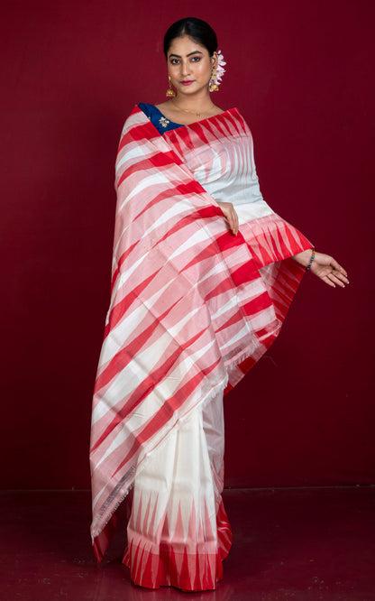 Bishnupuri Double Ikkat Pure Silk Saree in White and Red