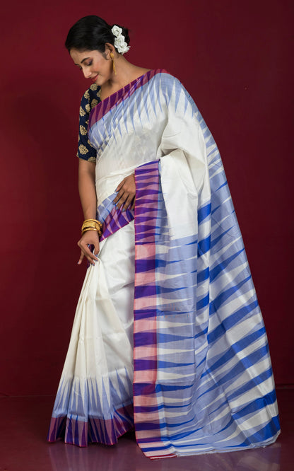 Bishnupuri Double Ikkat Pure Silk Saree in Off White, Royal Blue and Diffuse Purple