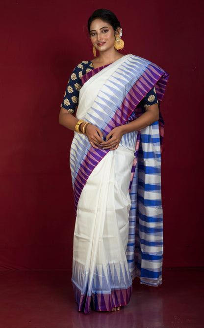 Bishnupuri Double Ikkat Pure Silk Saree in Off White, Royal Blue and Diffuse Purple