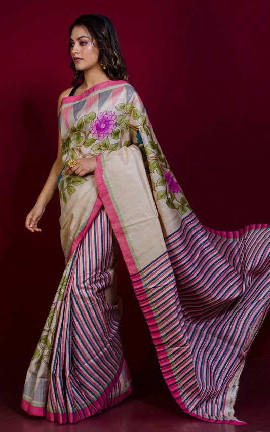 Handwoven Temple Border Boutique Block Printed Tussar Silk Saree in Beige and Multicolored