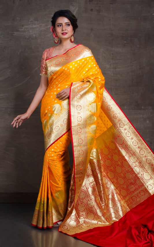 Traditional Semi Katan Makhi Buti Banarasi Saree in Bright Yellow and Red