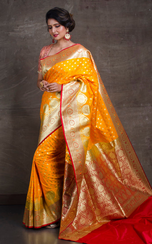 Traditional Semi Katan Makhi Buti Banarasi Saree in Bright Yellow and Red