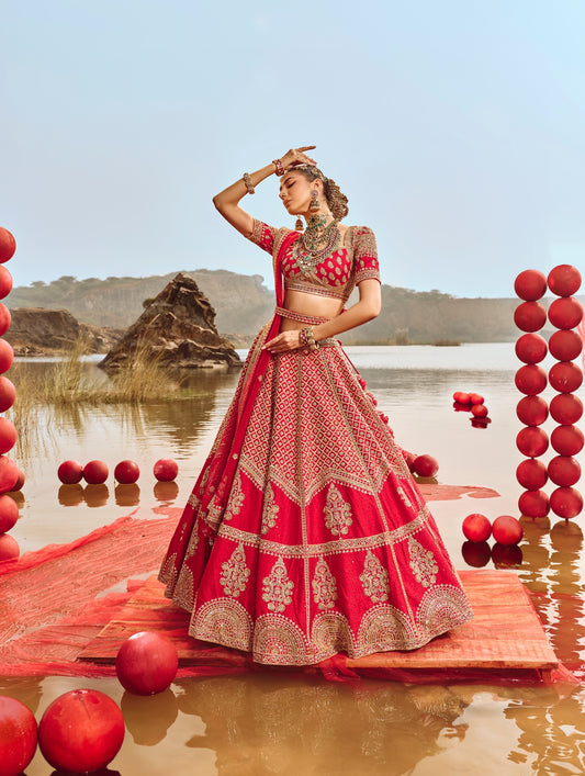 Red Heavy Butti Embellished Silk Bridal Lehenga