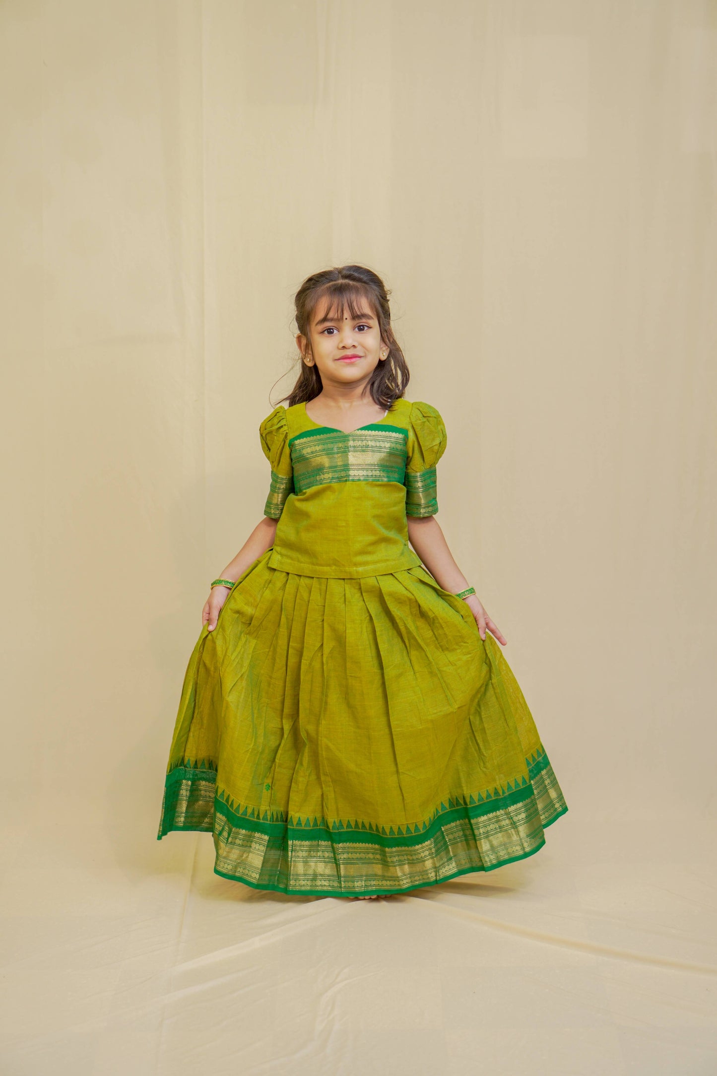 Siya - Pavada Sattai in kanchi cotton in Mehndi color