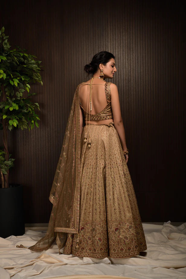 Light Brown Embroidery Georgette Lehenga for Engagement C004