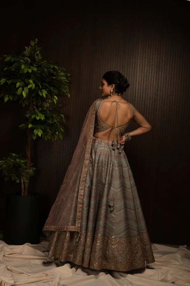 Grey Color Sequence Embroidery Georgette Lehenga for Sangeet C009