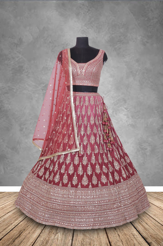 Wine Color Sequence Embroidery Georgette Lehenga