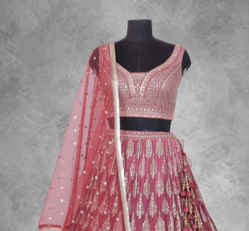 Wine Color Sequence Embroidery Georgette Lehenga