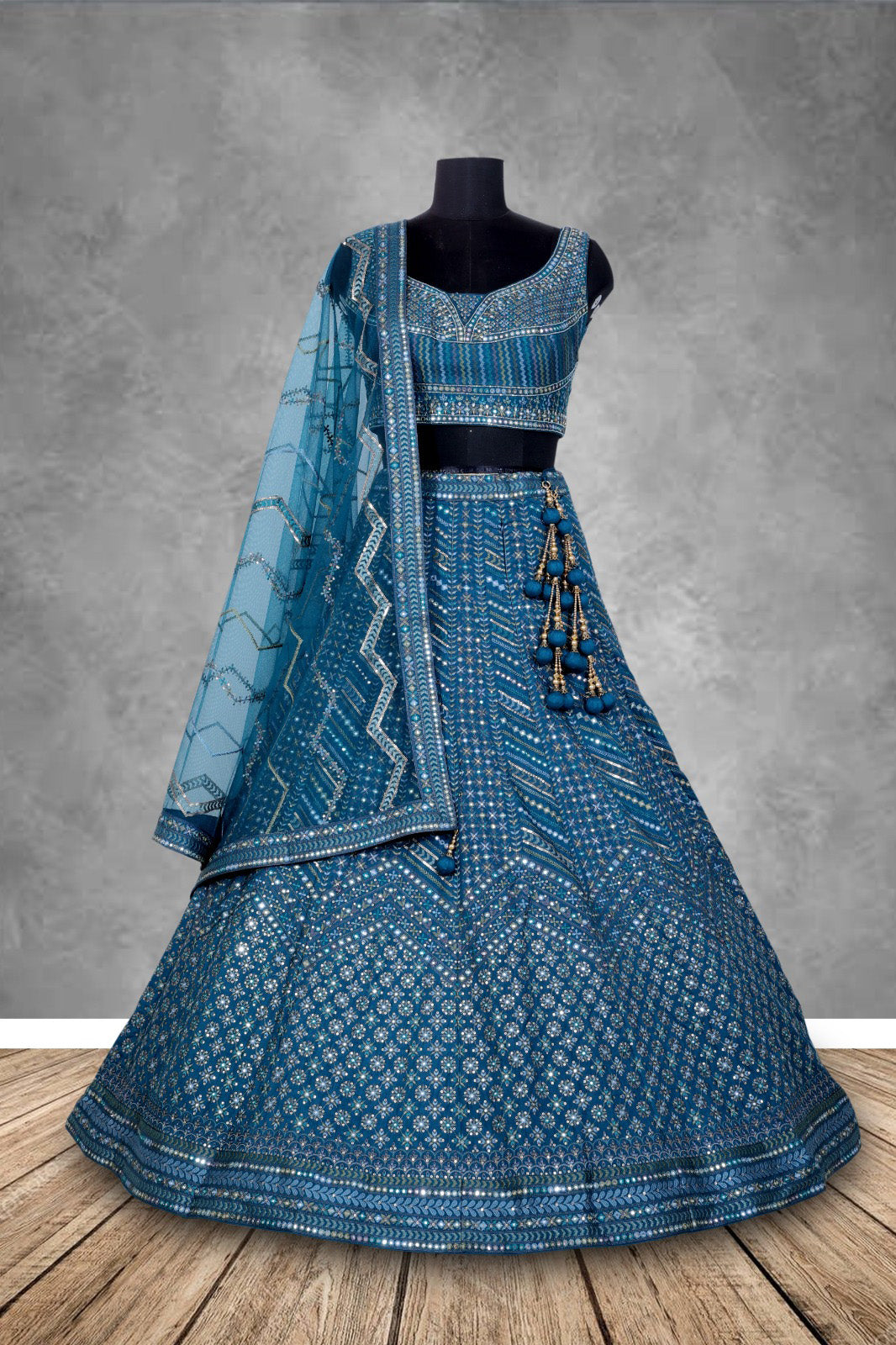 Blue Color Sequence Embroidery Georgette Lehenga