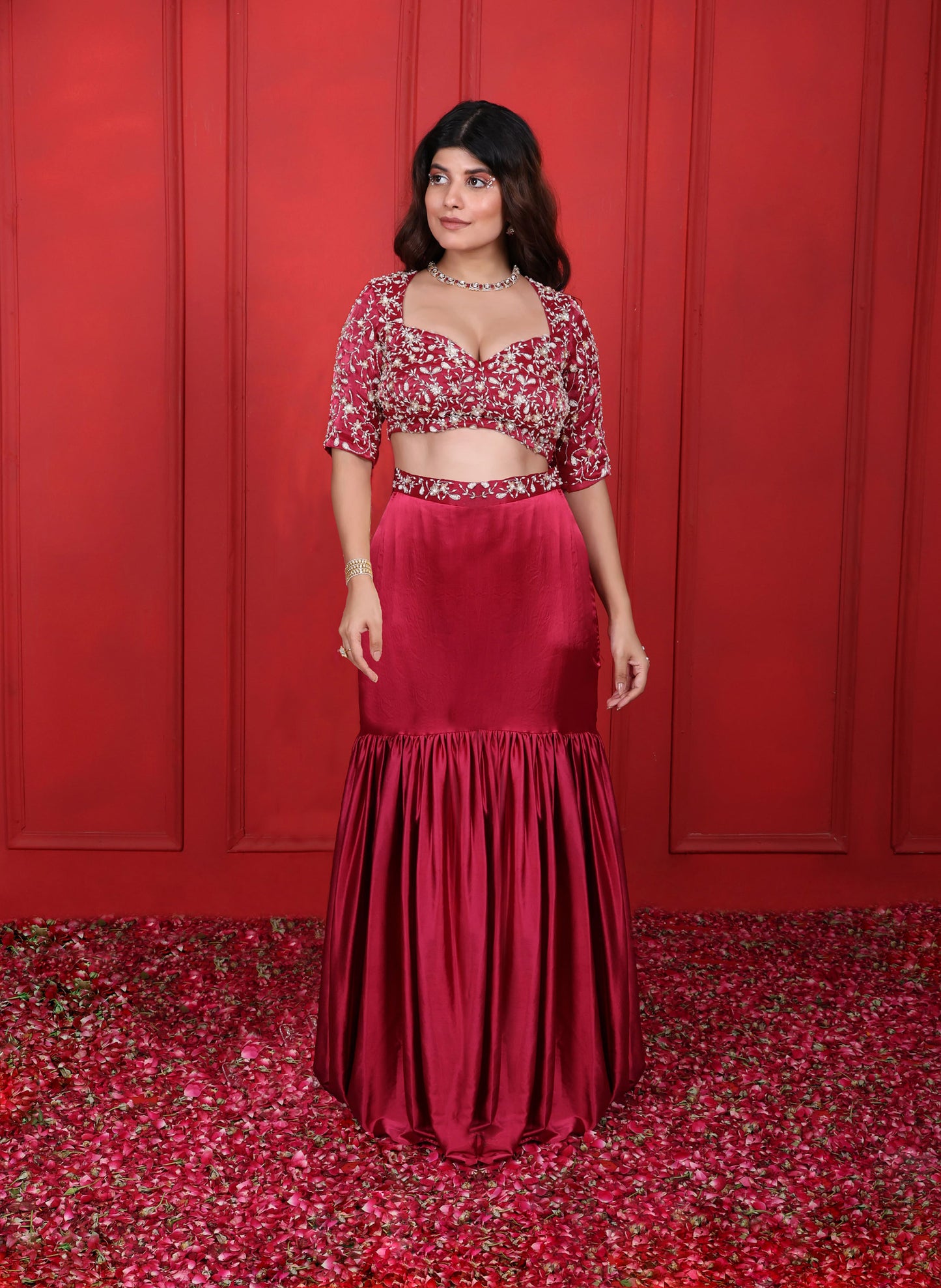 Rosa Rosario Fish-Cut Hand Embroidered Skirt Choli Set
