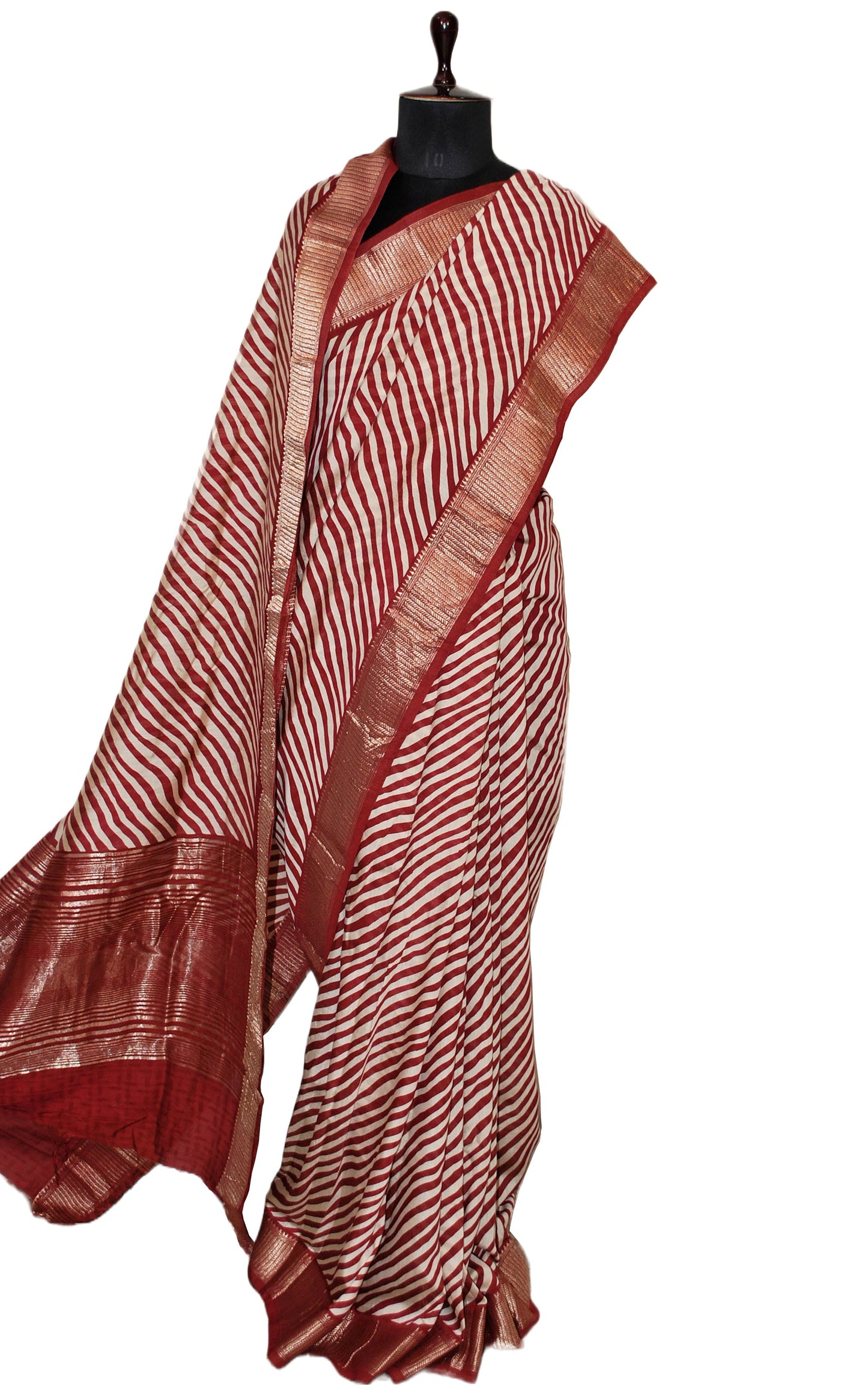 Printed Soft Chanderi Silk Saree in Garnet, Beige and Antique Gold
