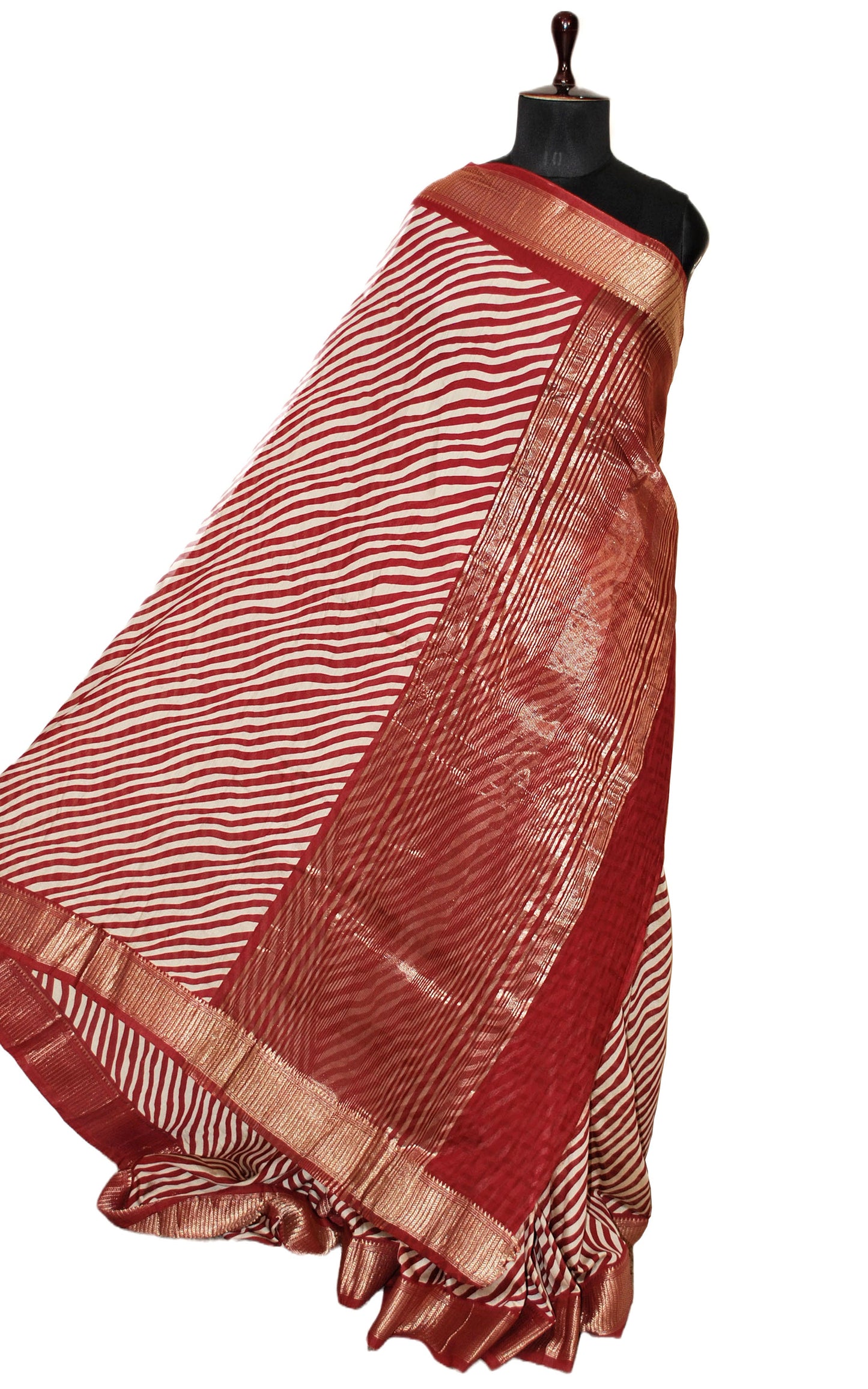 Printed Soft Chanderi Silk Saree in Garnet, Beige and Antique Gold