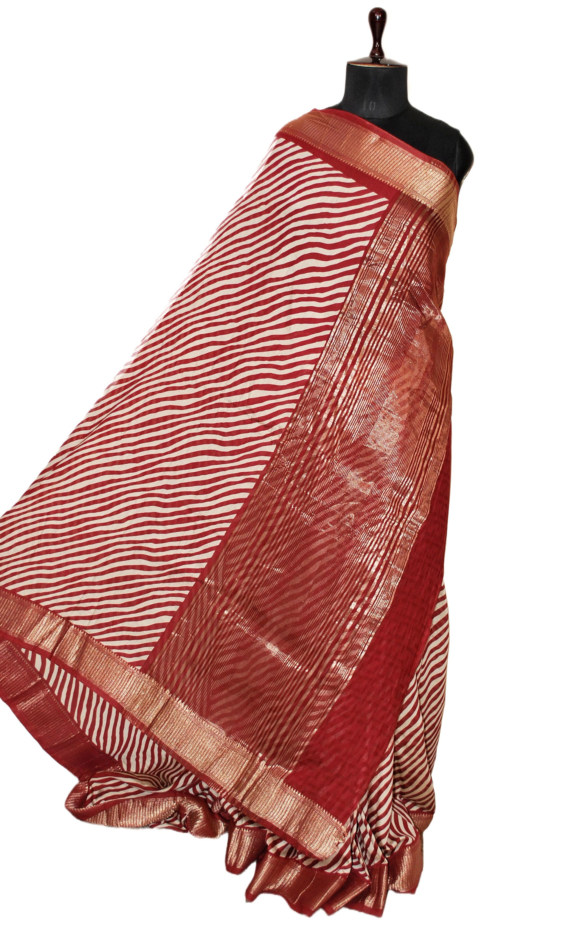 Printed Soft Chanderi Silk Saree in Garnet, Beige and Antique Gold