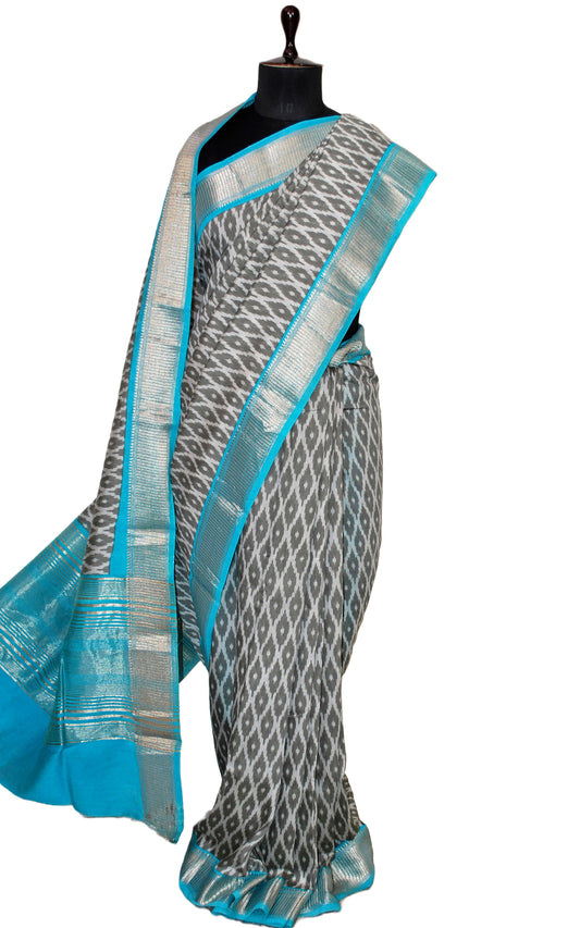 Printed Soft Chanderi Silk Saree in Warm Grey, Off White, Baby Blue and Antique Gold