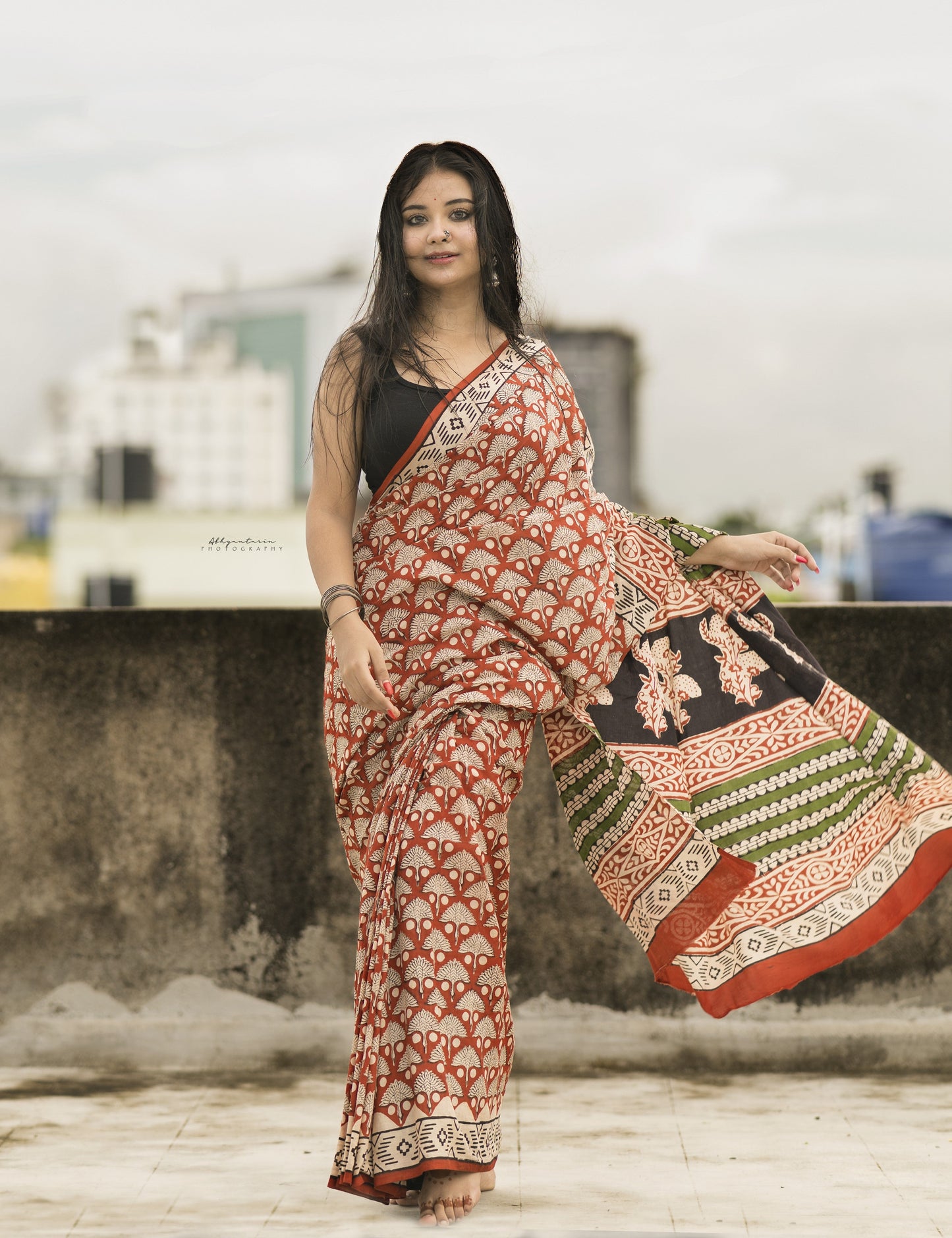Chilgoza- Red Bagru Natural Dyes Handblock Printed - Cotton Mulmul Saree