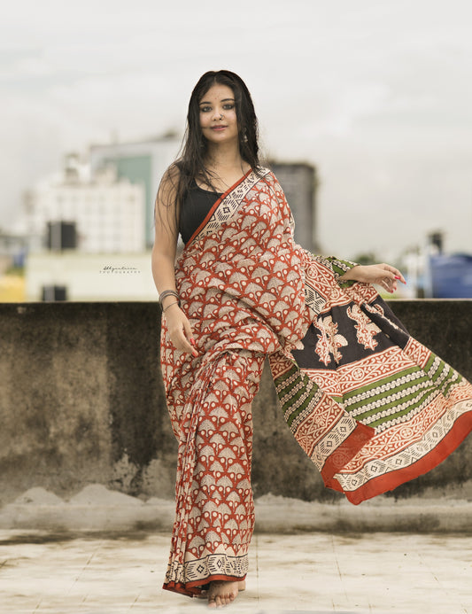 Chilgoza- Red Bagru Natural Dyes Handblock Printed - Cotton Mulmul Saree