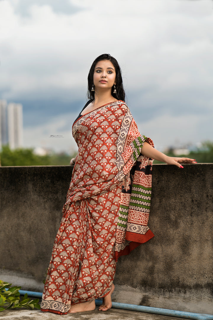 Chilgoza- Bagru Natural Dyed Handblock Printed - Cotton Mulmul Saree