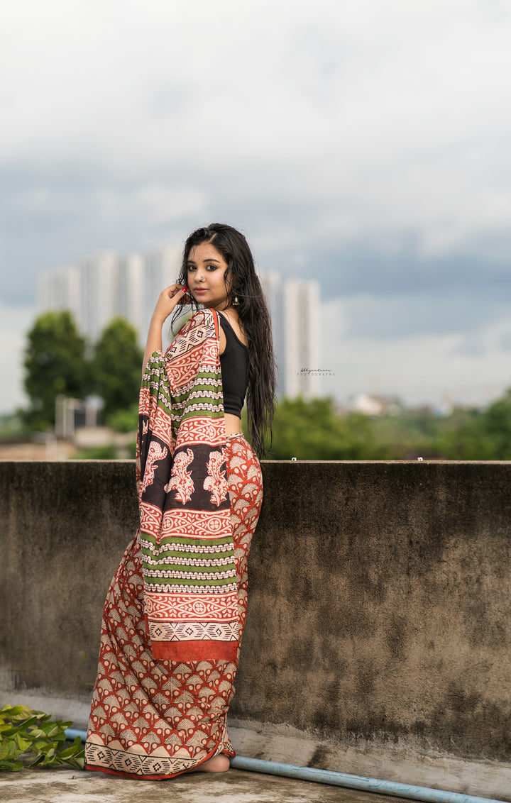 Chilgoza- Bagru Natural Dyed Handblock Printed - Cotton Mulmul Saree