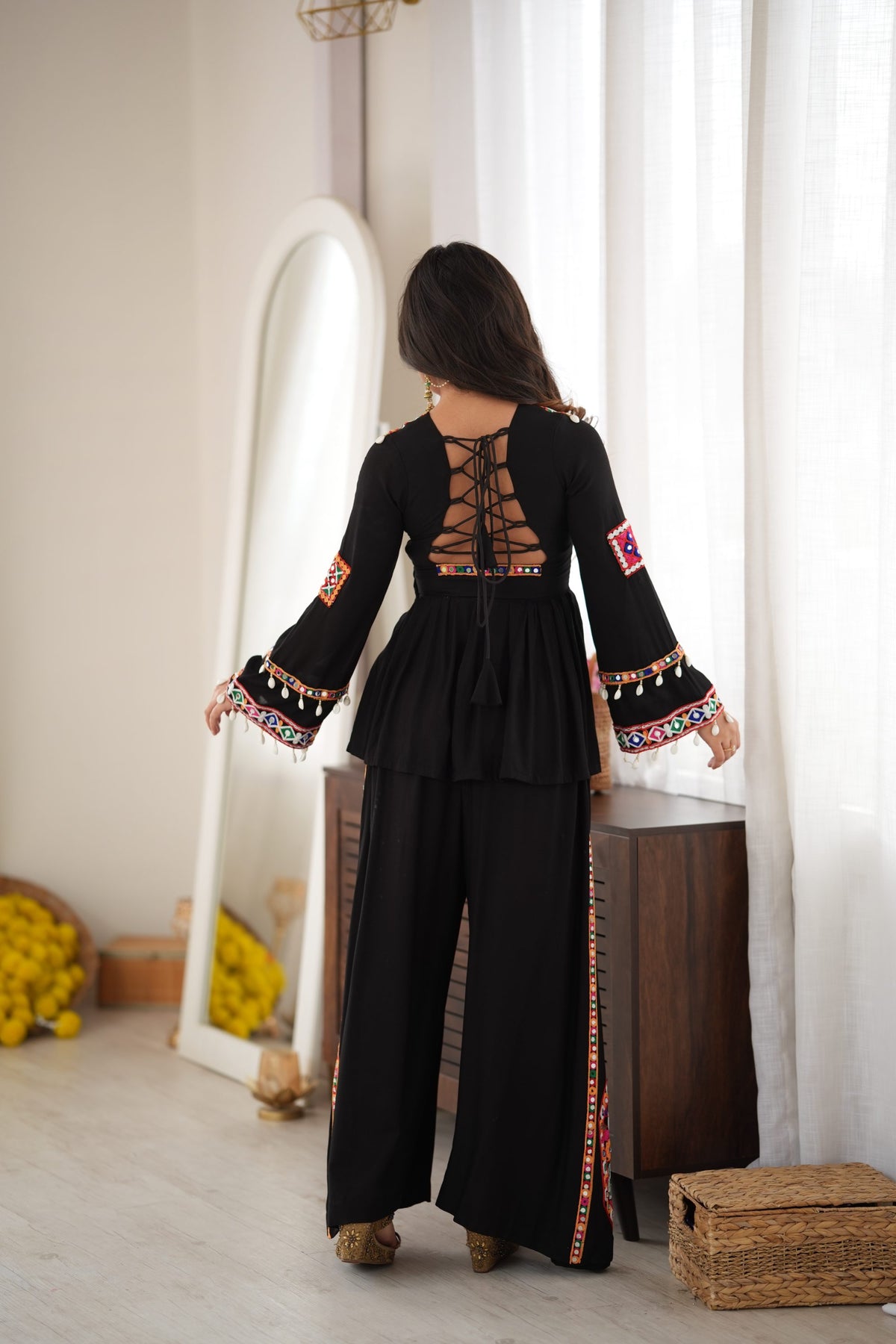 Black Rayon Silk Mirror & Kodi Embroidered Navratri Palazzo Set