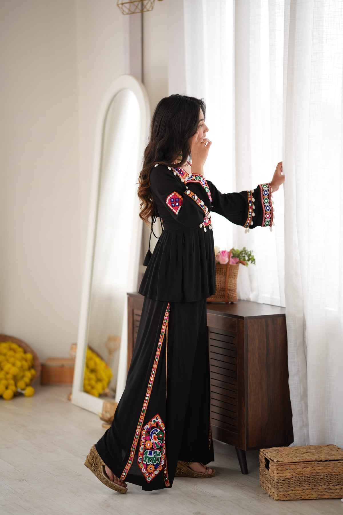 Black Rayon Silk Mirror & Kodi Embroidered Navratri Palazzo Set