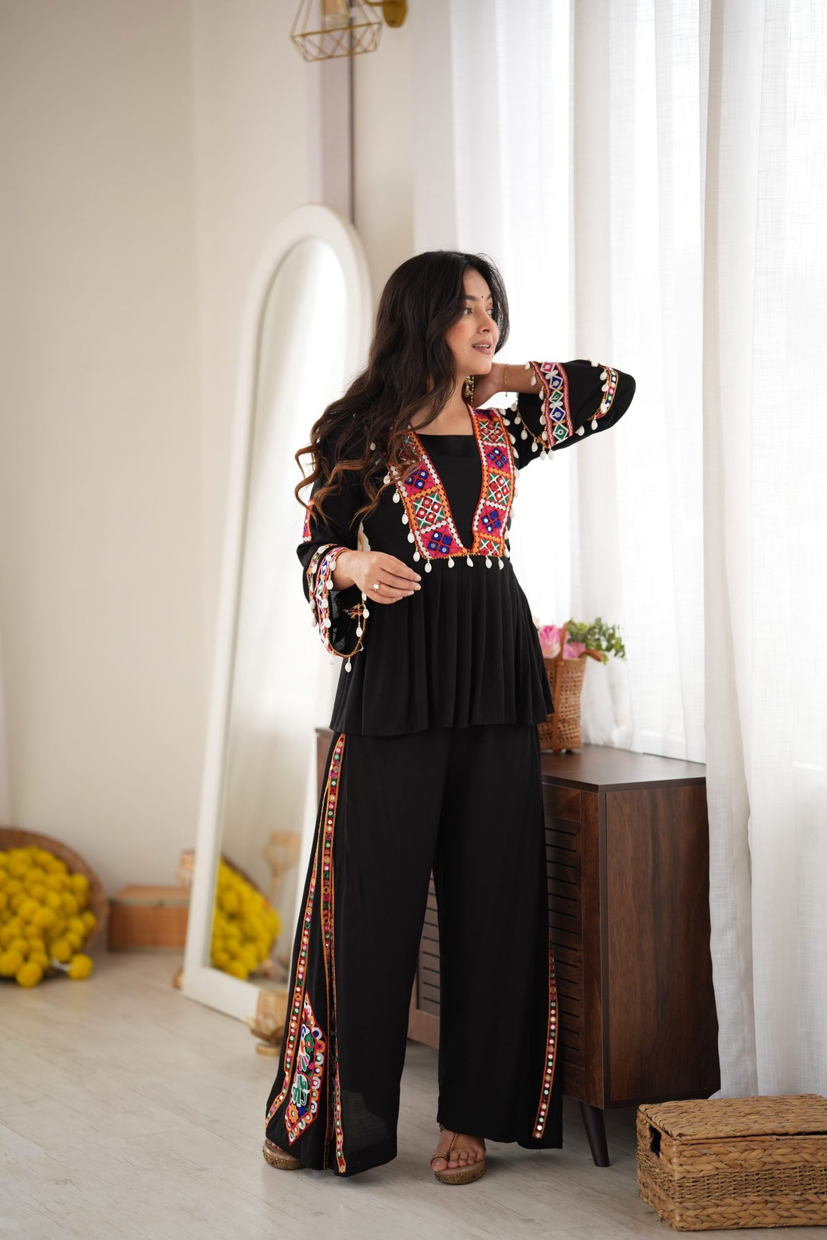 Black Rayon Silk Mirror & Kodi Embroidered Navratri Palazzo Set