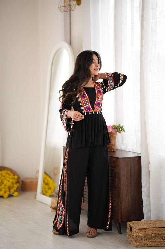 Black Rayon Silk Mirror & Kodi Embroidered Navratri Palazzo Set
