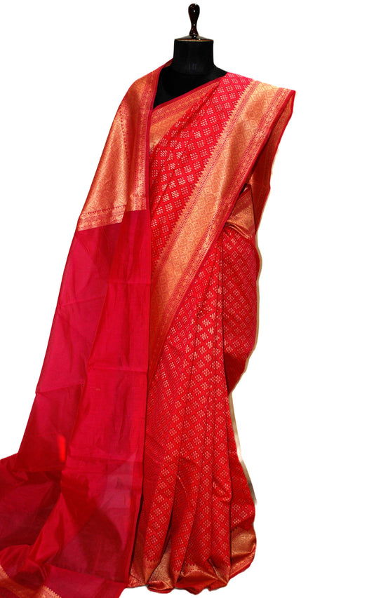 Handwoven Bandhani Pattern Work Cotton Chanderi Saree in Razzmatazz Pink and Gold Matte Zari Work