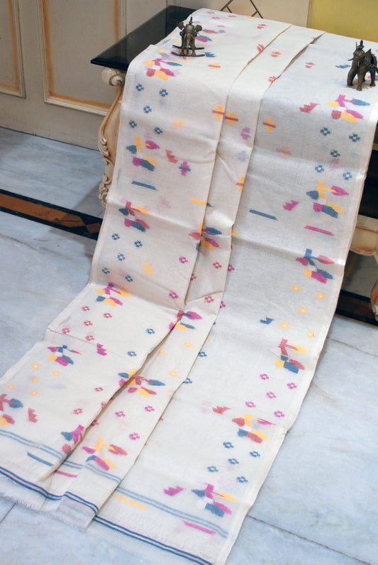 Traditional Hand Karat Work Cotton Jamdani Saree in Summer White, Golden Yellow, Red and Multicolored Thread Work