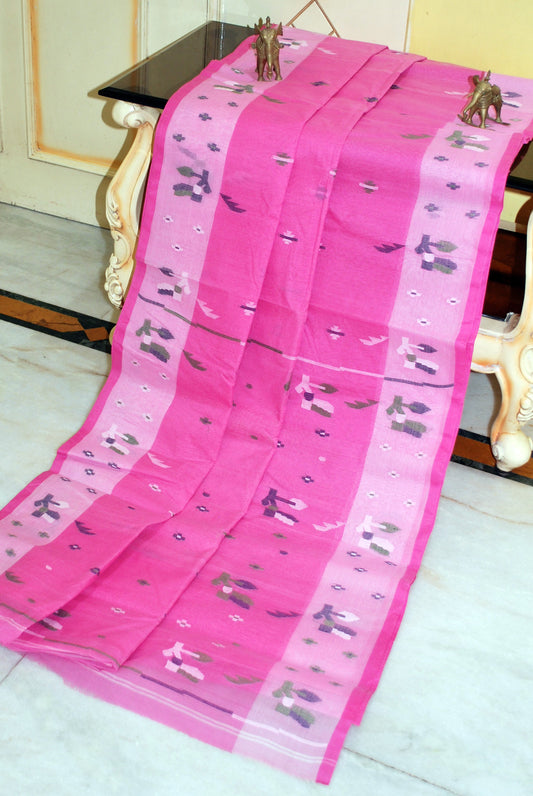Traditional Hand Karat Work Cotton Jamdani Saree in Watermelon Pink, Green, Black and Off White Thread Work