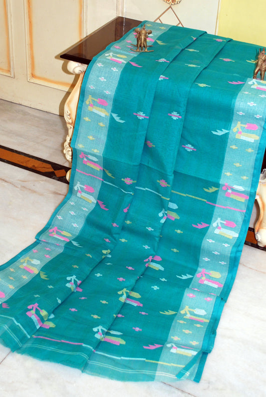 Traditional Hand Karat Work Cotton Jamdani Saree in Sea Green, Pink and Multicolored Thread Work