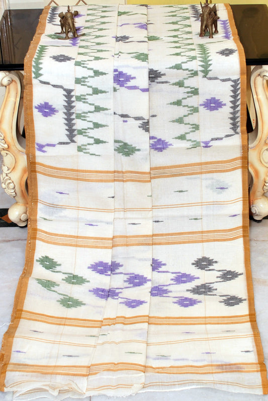 Hand Karat Work Cotton Dhakai Jamdani Saree in Off White, Brown and Multicolored Thread Work