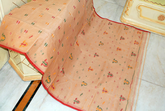 Traditional Hand Karat Work Cotton Jamdani Saree in Warm Beige, Red and Multicolored Thread Work