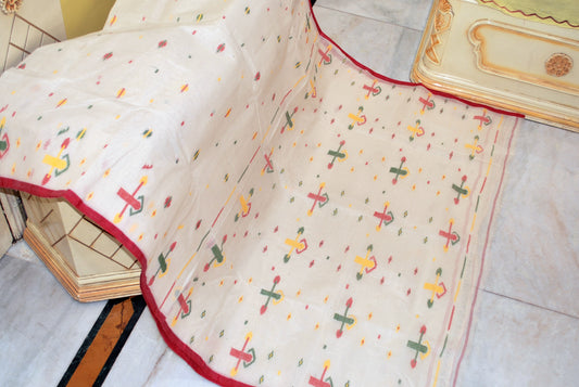 Traditional Hand Karat Work Cotton Jamdani Saree in Off White, Red and Multicolored Thread Work