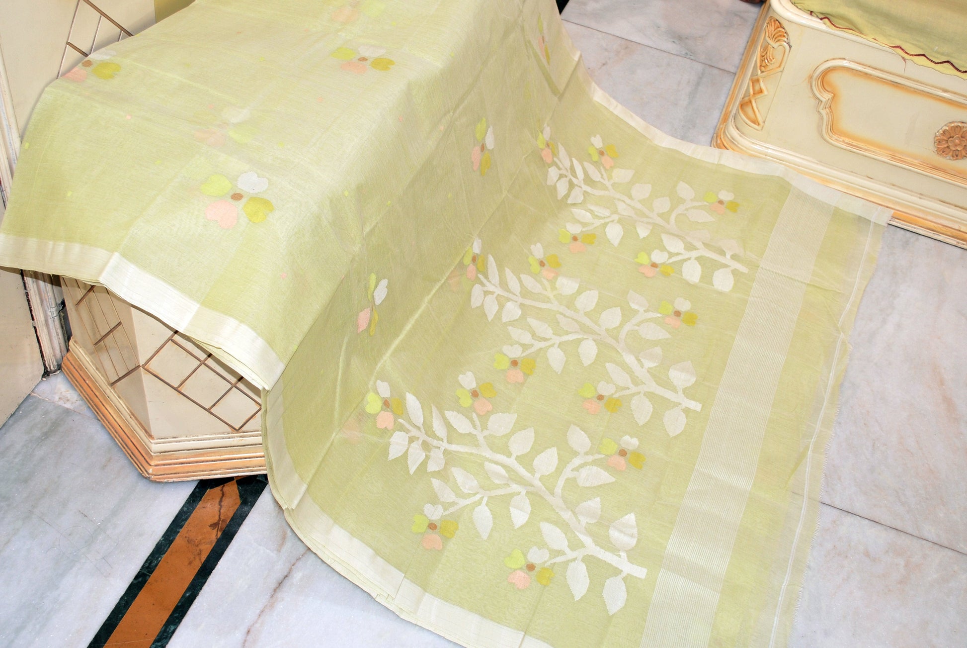 Hand Work Nakshi Butta Cotton Dhakai Jamdani Saree in Pastel Olive Green and Multicolor Thread Work