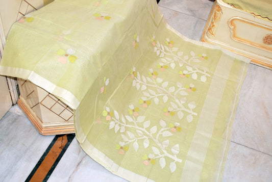 Hand Work Nakshi Butta Cotton Dhakai Jamdani Saree in Pastel Olive Green and Multicolor Thread Work